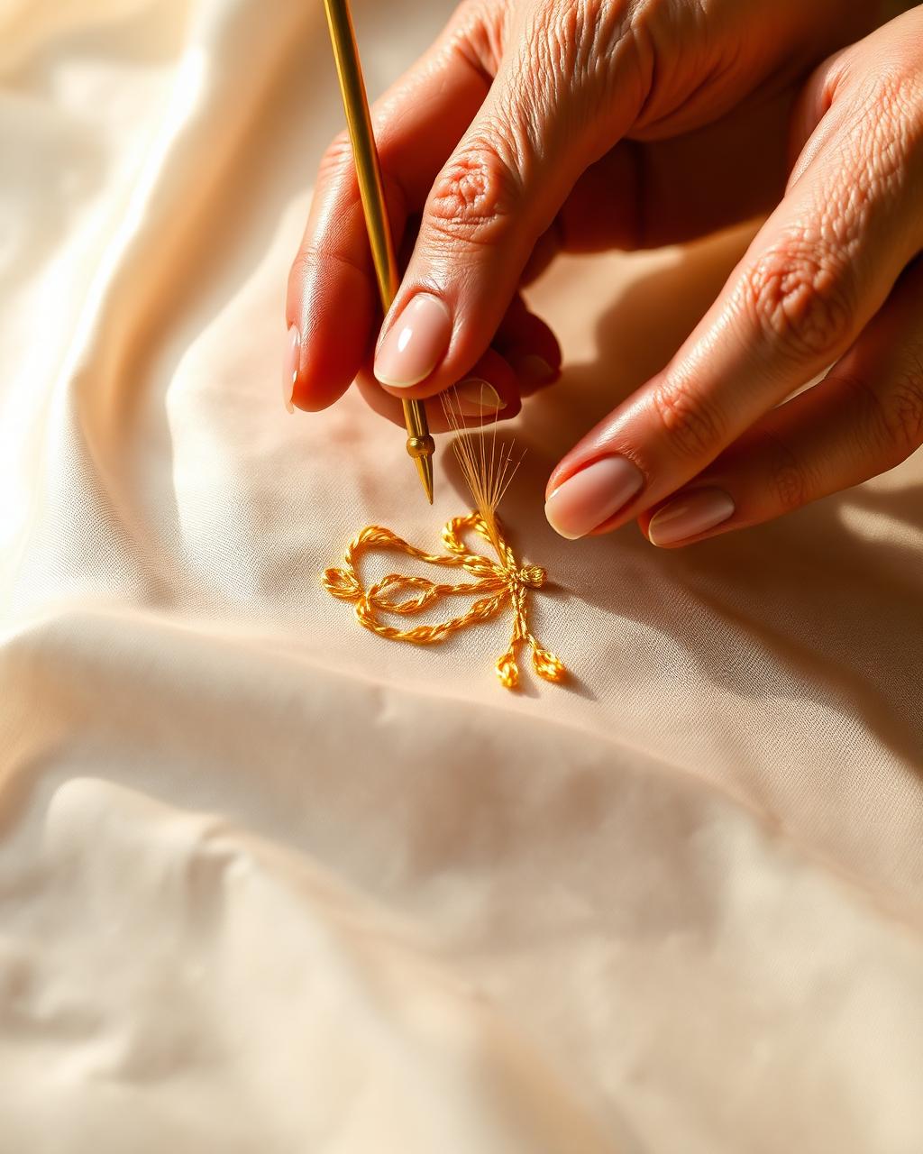 Broderie main à l'or sur soie sauvage
